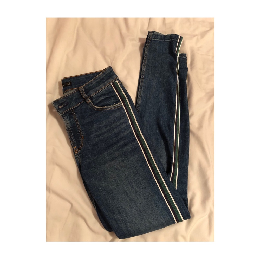 ZARA green, white & black stripe jeans